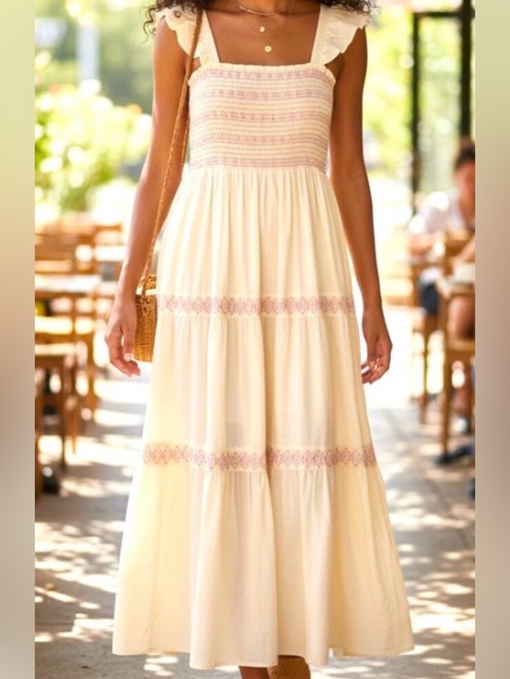 Madewell 100% Cotton Lucie Smocked Ivory Tiered Midi Dress Size M